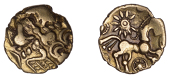British Iron Age, ATREBATES and REGNI, Uninscribed issues, gold Quarter-Stater, Selsey Dahlia Mane type, wreath...