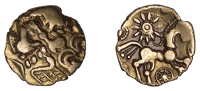 British Iron Age, ATREBATES and REGNI, Uninscribed issues, gold Quarter-Stater, Selsey Dahlia Mane type, wreath...