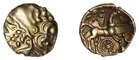 British Iron Age, ATREBATES and REGNI, Uninscribed issues, gold Quarter-Stater, Selsey Dahlia Mane type, wreath...