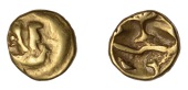 British Iron Age, GALLO-BELGIC, Uninscribed issues, gold Quarter-Stater, series D [Boat Tree type], ‘two men in a...