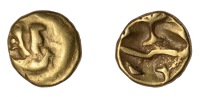 British Iron Age, GALLO-BELGIC, Uninscribed issues, gold Quarter-Stater, series D [Boat Tree type], ‘two men in a...