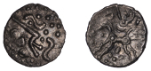 British Iron Age, DOBUNNI, Uninscribed issues, silver Unit, Cotswold Oxo type [Head Type E], moon head right, pellet...