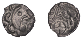 British Iron Age, EAST WILTSHIRE, Uninscribed issues, silver Unit, Upavon Moon Head, moon head right, three...