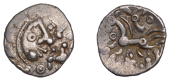 British Iron Age, DOBUNNI, Uninscribed issues, silver Unit, Cotswold Eagle [Head Type B] type, moon head right,...