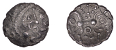 British Iron Age, EAST WILTSHIRE, Uninscribed issues, silver Unit, Six-Spoked Pellet Ring type, moon head right,...