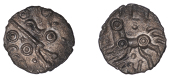 British Iron Age, DOBUNNI, Eisu (c. AD 20-43), silver Unit, Oxo type, head right, pellet-in-ring for eyes, cross and...