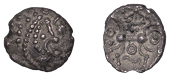 British Iron Age, EAST WILTSHIRE, Uninscribed issues, silver Unit, Six-Spoked Pellet Ring type, moon head right,...