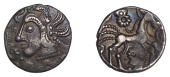 British Iron Age, BERKSHIRE, Uninscribed issues, silver Unit, Chieveley Chickens type, head left, hair of four...