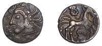 British Iron Age, BERKSHIRE, Uninscribed issues, silver Unit, Chieveley Chickens type, head left, hair of four...