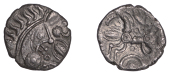 British Iron Age, EAST WILTSHIRE, Uninscribed issues, silver Unit, Snake Head type, moon head right, large boss on...