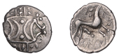 British Iron Age, ICENI, Ecen (c. AD 10-43), silver Unit, Corn Ear type, double crescent emblem on vertical wreath,...