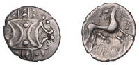 British Iron Age, ICENI, Ecen (c. AD 10-43), silver Unit, Corn Ear type, double crescent emblem on vertical wreath,...