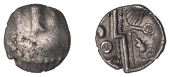 British Iron Age, DUROTRIGES, Uninscribed issues, silver Quarter-Stater, Badbury Rat type, trace of ‘three men in...