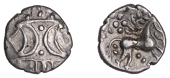 British Iron Age, ICENI, Ecen (c. AD 10-43), silver Unit, Corn Ear type, double crescent emblem on vertical wreath,...