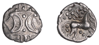 British Iron Age, ICENI, Ecen (c. AD 10-43), silver Unit, Corn Ear type, double crescent emblem on vertical wreath,...