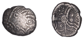 British Iron Age, BELGAE, Ex (c. 50-40 BC), silver Unit, Ex Head type, head left, corded hair, ex above forehead,...
