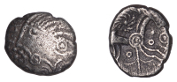 British Iron Age, BELGAE, Ex (c. 50-40 BC), silver Unit, Ex Head type, head left, corded hair, ex above forehead,...