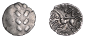 British Iron Age, CORIELTAUVI, Aunt Cost (c. AD 15-40), silver Half-Unit, Aunt Cost Half type, wreath dividing plain...