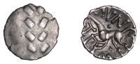 British Iron Age, CORIELTAUVI, Aunt Cost (c. AD 15-40), silver Half-Unit, Aunt Cost Half type, wreath dividing plain...
