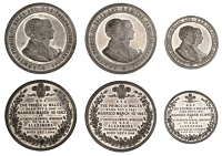 Marriage of the Prince of Wales and Princess Alexandra, 1863, a trio of white metal medals by Ottley, conjoined...