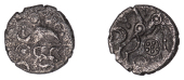 British Iron Age, BELGAE, Uninscribed issues, silver Unit, Danebury Crescents, crossed wreaths, one of crescents,...