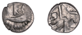 British Iron Age, DUROTRIGES, Uninscribed issues, silver Quarter-Stater, Duro Boat Bird type, ‘three men in a...