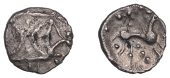British Iron Age, ICENI, Ecen (c. AD 10-43), silver Unit, Symbol type [Y-Type], double crescent emblem on vertical...