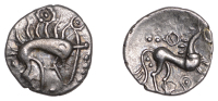 British Iron Age, ICENI, Uninscribed issues, silver Unit, Norfolk Boar Phallic type, stylised boar right, pellet on...