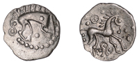 British Iron Age, ICENI, Uninscribed issues, silver Unit, Norfolk Boar Phallic type, stylised boar right, pellet on...