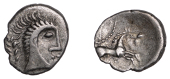 British Iron Age, ICENI, Uninscribed issues, silver Unit, Norfolk God [Moustache] type, stylised male head right,...