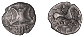 British Iron Age, ICENI, Anted (c. AD 10-30), silver Unit, Antd D-Bar type, double crescent emblem on vertical...