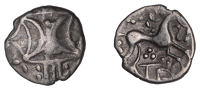 British Iron Age, ICENI, Anted (c. AD 10-30), silver Unit, Antd D-Bar type, double crescent emblem on vertical...