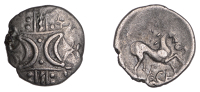 British Iron Age, ICENI, Ecen (c. AD 10-43), silver Unit, Stepping Horse type, double crescent emblem on vertical...