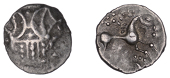 British Iron Age, ICENI, Ecen (c. AD 10-43), silver Unit, Symbol type [Y-Type], double crescent emblem on vertical...