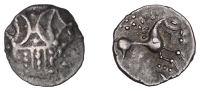 British Iron Age, ICENI, Ecen (c. AD 10-43), silver Unit, Symbol type [Y-Type], double crescent emblem on vertical...