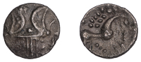 British Iron Age, ICENI, Ecen (c. AD 10-43), silver Unit, Symbol type [Y-Type], double crescent emblem on vertical...