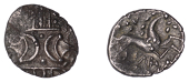 British Iron Age, ICENI, Seanu (c. AD 30-43), silver Unit, Seanu type, double crescent emblem on vertical wreath,...
