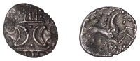 British Iron Age, ICENI, Seanu (c. AD 30-43), silver Unit, Seanu type, double crescent emblem on vertical wreath,...