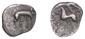 British Iron Age, CORIELTAUVI, Uninscribed issues, silver Unit, Proto Boar [No Spear] type, boar right, curly tail,...
