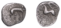British Iron Age, CORIELTAUVI, Uninscribed issues, silver Unit, Proto Boar [No Spear] type, boar right, curly tail,...