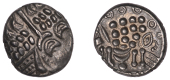 British Iron Age, DUROTRIGES, Uninscribed issues, silver Stater, Badbury Rings type, devolved head of Apollo...