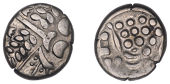 British Iron Age, DUROTRIGES, Uninscribed issues, silver Stater, Cranborne Chase type, devolved head of Apollo...