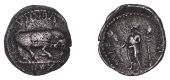 British Iron Age, ATREBATES and REGNI, Verica (c. AD 10-40), silver Unit, Head on Spear type, bull butting right,...