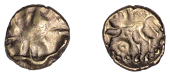 British Iron Age, EAST WILTSHIRE, Uninscribed issues, gold Quarter-Stater, Dahlia Horse Left type, crossed corded...