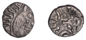 British Iron Age, EAST WILTSHIRE, Uninscribed issues, silver Unit, Snake Head type, moon head right, large boss on...