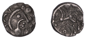 British Iron Age, EAST WILTSHIRE, Uninscribed issues, silver Unit, Upavon Moon Head type, moon head right, three...