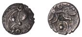 British Iron Age, EAST WILTSHIRE, Uninscribed issues, silver Unit, Wanborough Wheel type, highly stylised moon head...