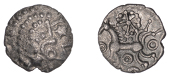 British Iron Age, EAST WILTSHIRE, Uninscribed issues, silver Unit, Six-Spoked Pellet Ring, moon head right, large...