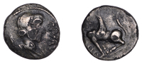 British Iron Age, CATUVELLAUNI and TRINOVANTES, Cunobelin (c. AD 8-41), plated silver Unit, Sphinx type, winged bust...