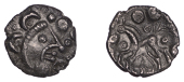 British Iron Age, EAST WILTSHIRE, Uninscribed issues, silver Unit, Upavon Moon Head type, moon head right, three...